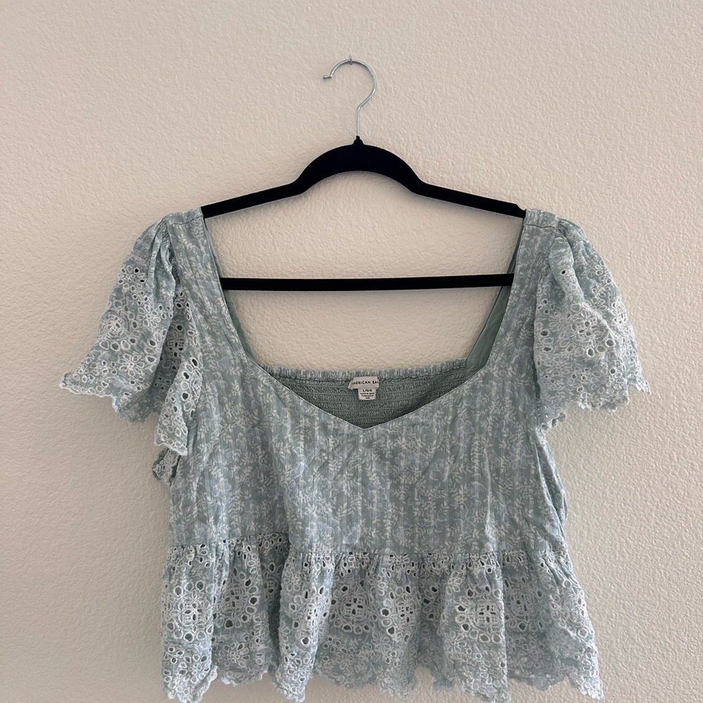 American Eagle Lace Trim Blouse - Light Blue